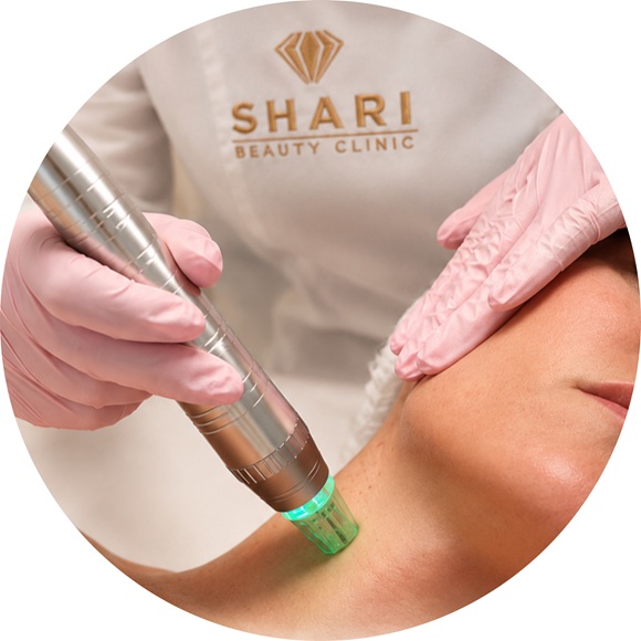 Radiofrekwencja mikroigłowa Kraków w SHARI Beauty Clinic - Kosmetolog wykonuje zabieg na szyi